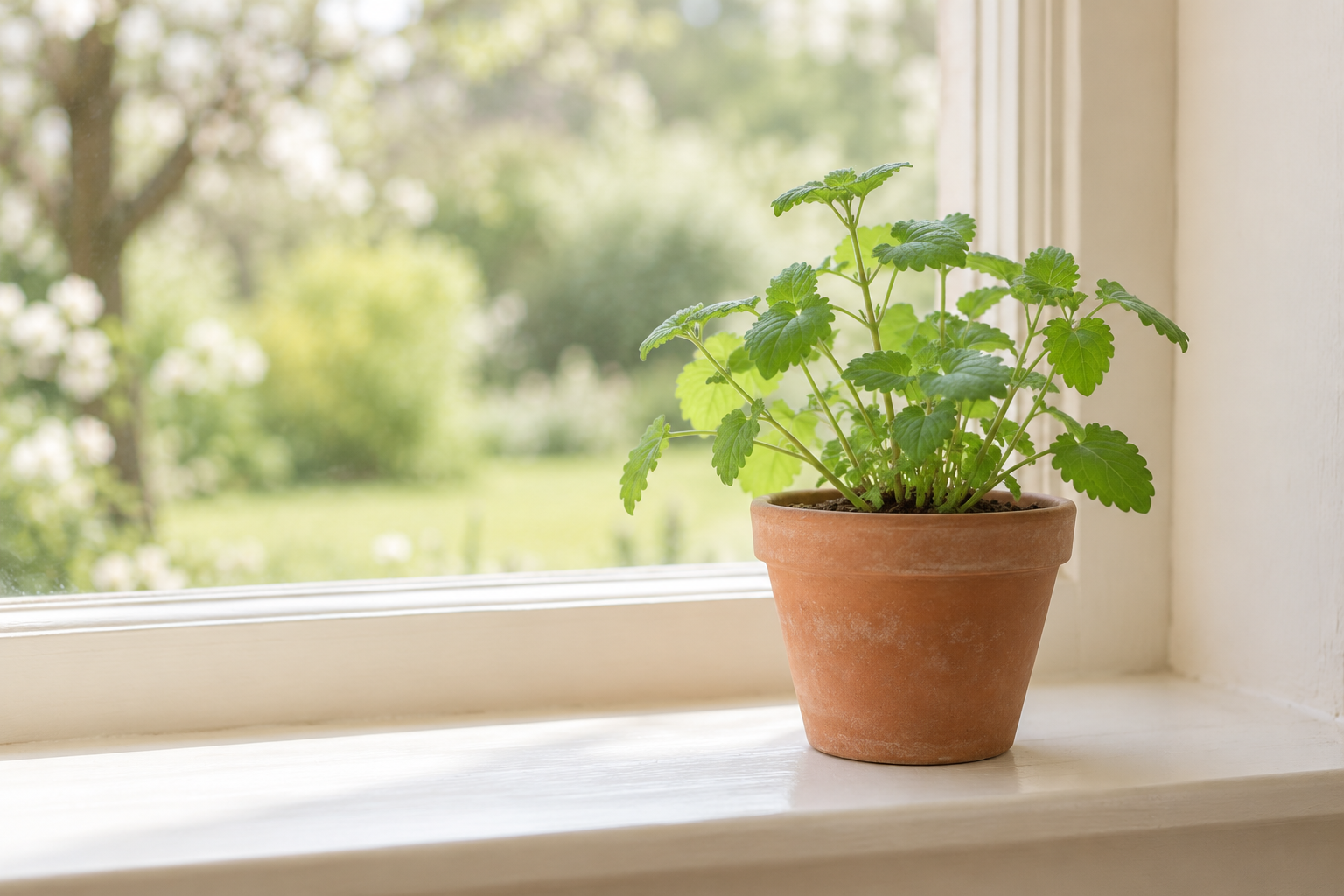 A leafy green plant in a terracotta pot in soft natural light